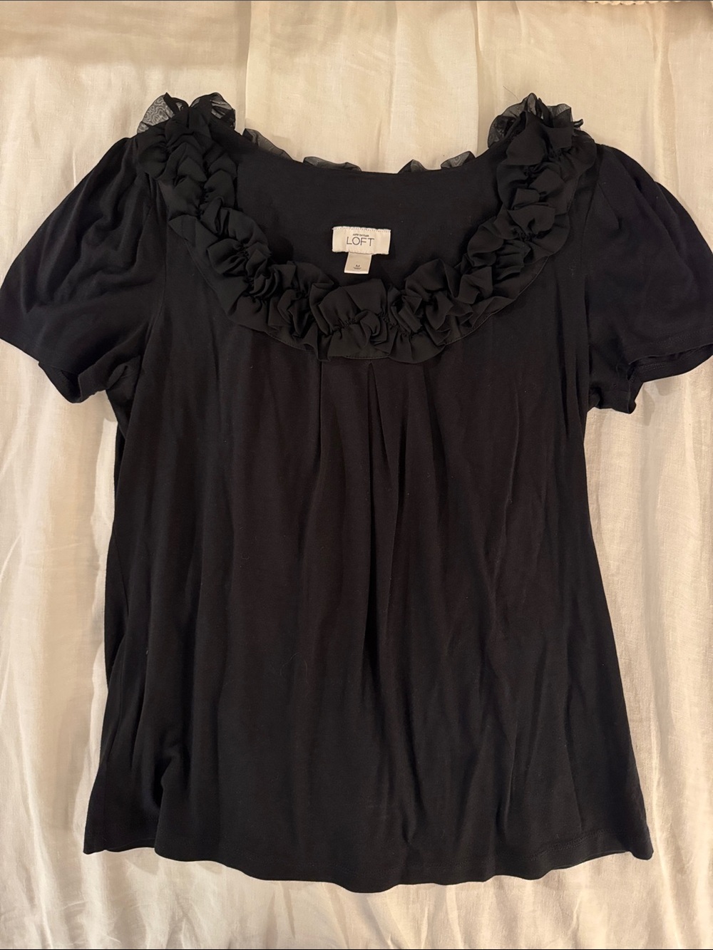 LOFT Black Short Sleeve Top with Ruffled Scoop Neck
